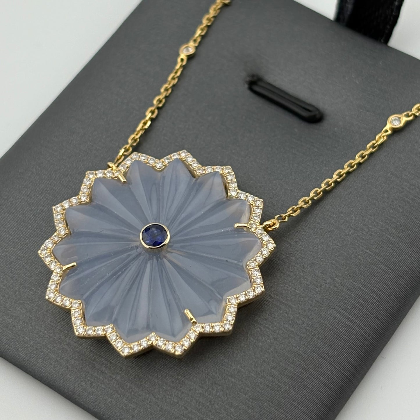 20.63CT Carved Chalcedony, Sapphire & Diamond Flower Necklace in 18K Gold
