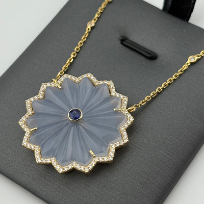 20.63CT Carved Chalcedony, Sapphire & Diamond Flower Necklace in 18K Gold