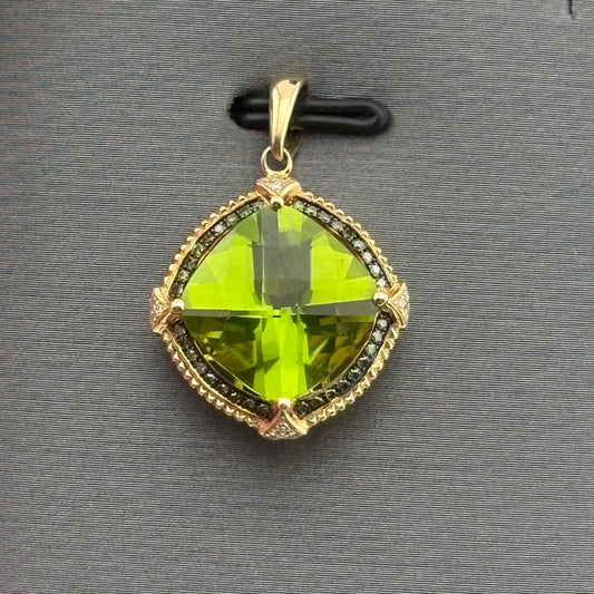 7.82CT Peridot Pendant with diamonds and sapphires, 14k