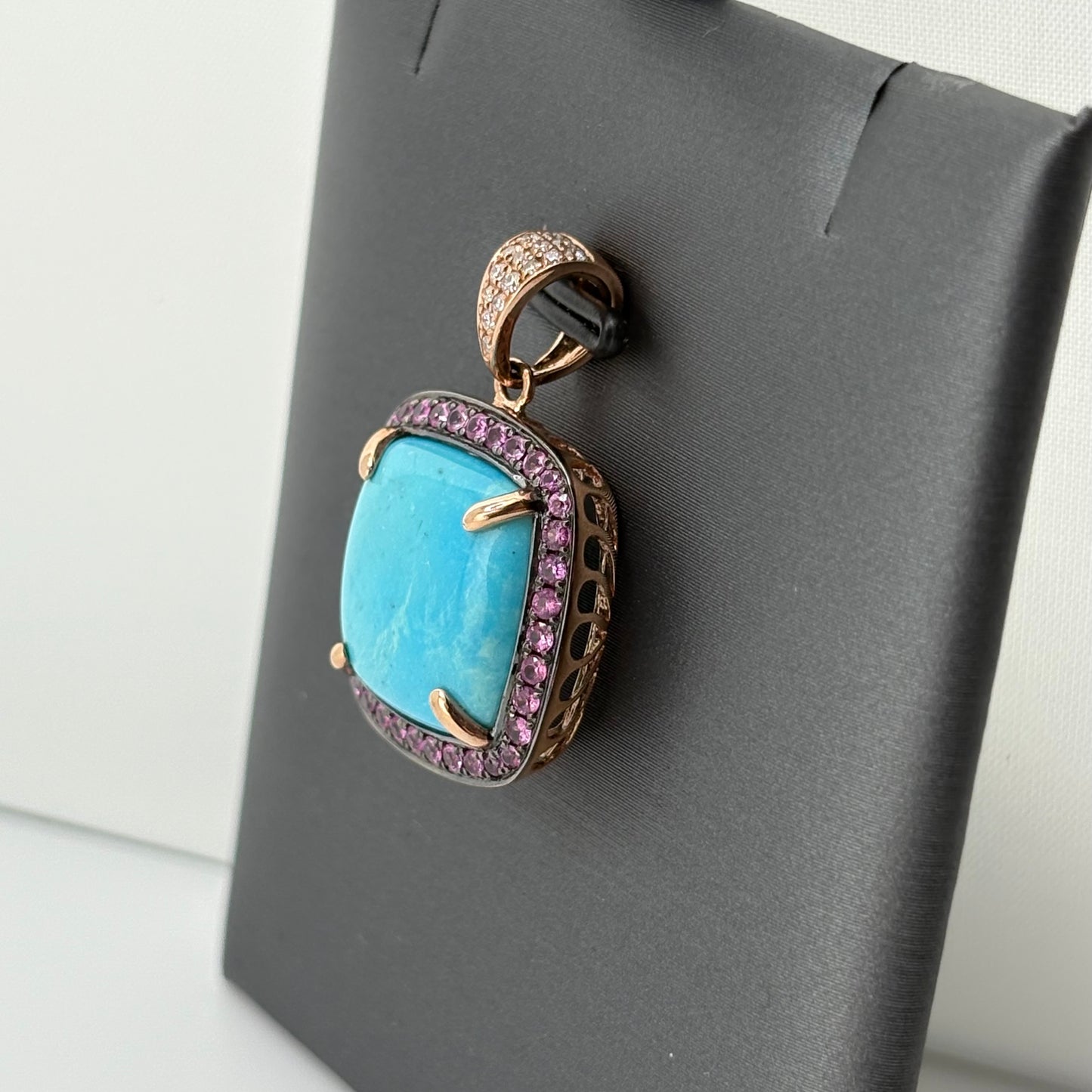 6.88CTW Turquoise Pendant with pink sapphires and diamonds, 14k