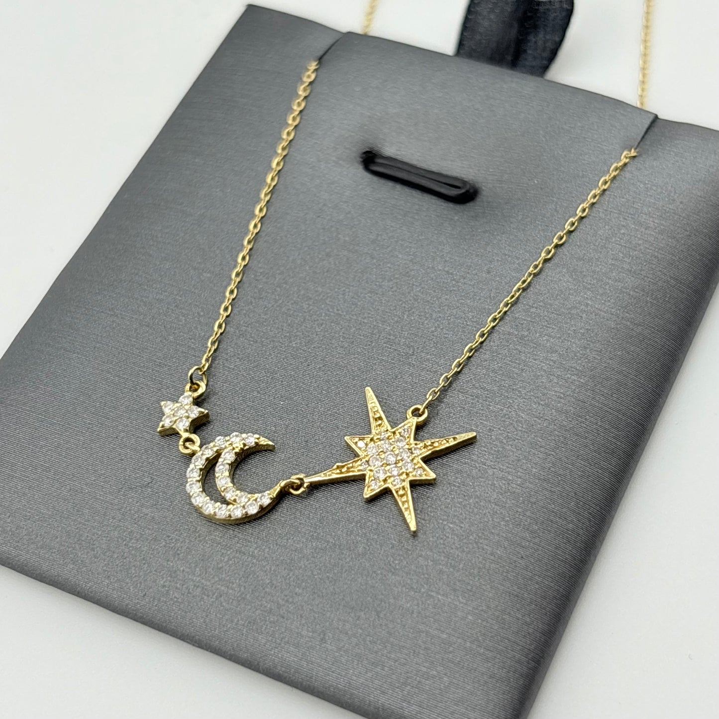 18K Yellow Gold Diamond Celestial Moon & Star Necklace