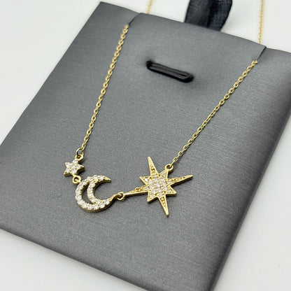 18K Yellow Gold Diamond Celestial Moon & Star Necklace
