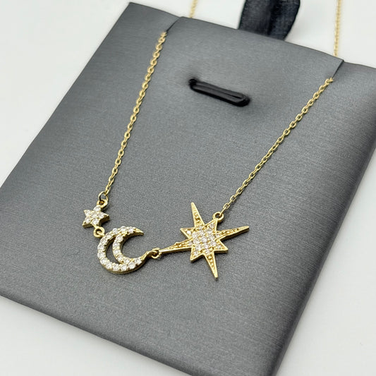 18K Yellow Gold Diamond Celestial Moon & Star Necklace