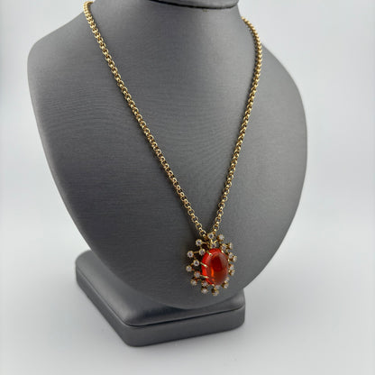 7CT Fire Opal and Diamond Sunburst Necklace, 18k Gold