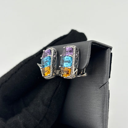 9CTW Multi-Gemstone & Diamond Earrings, 14K White Gold