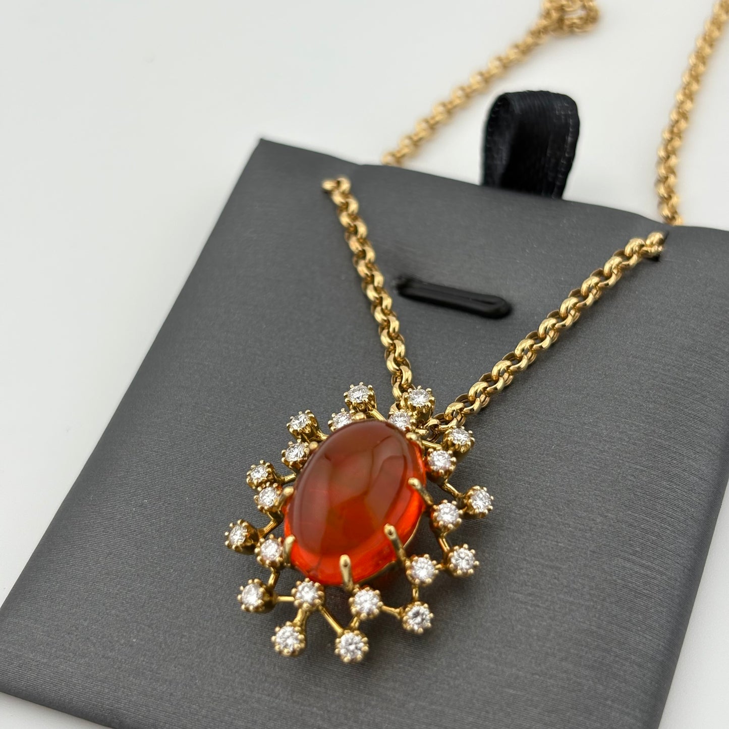 7CT Fire Opal and Diamond Sunburst Necklace, 18k Gold