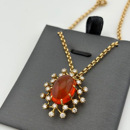 7CT Fire Opal and Diamond Sunburst Necklace, 18k Gold