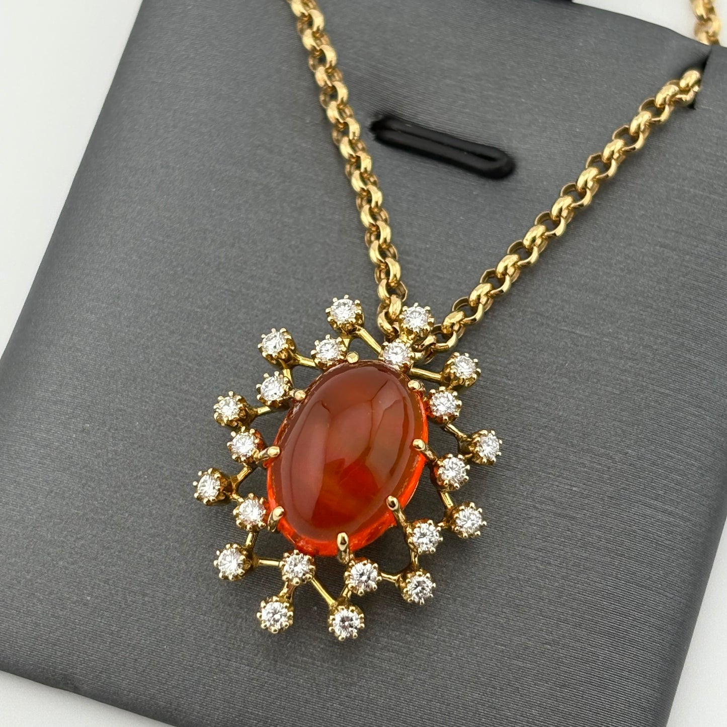 7CT Fire Opal and Diamond Sunburst Necklace, 18k Gold