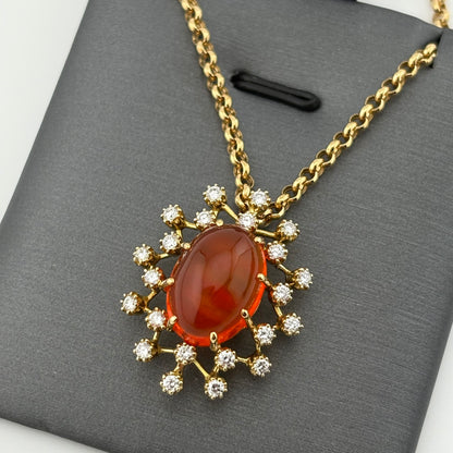 7CT Fire Opal and Diamond Sunburst Necklace, 18k Gold