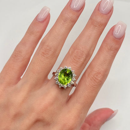 5CT Peridot, 1.5CT Diamond Halo Ring 14k