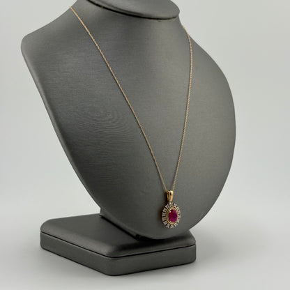 14K Yellow Gold Ruby & Diamond Halo Necklace