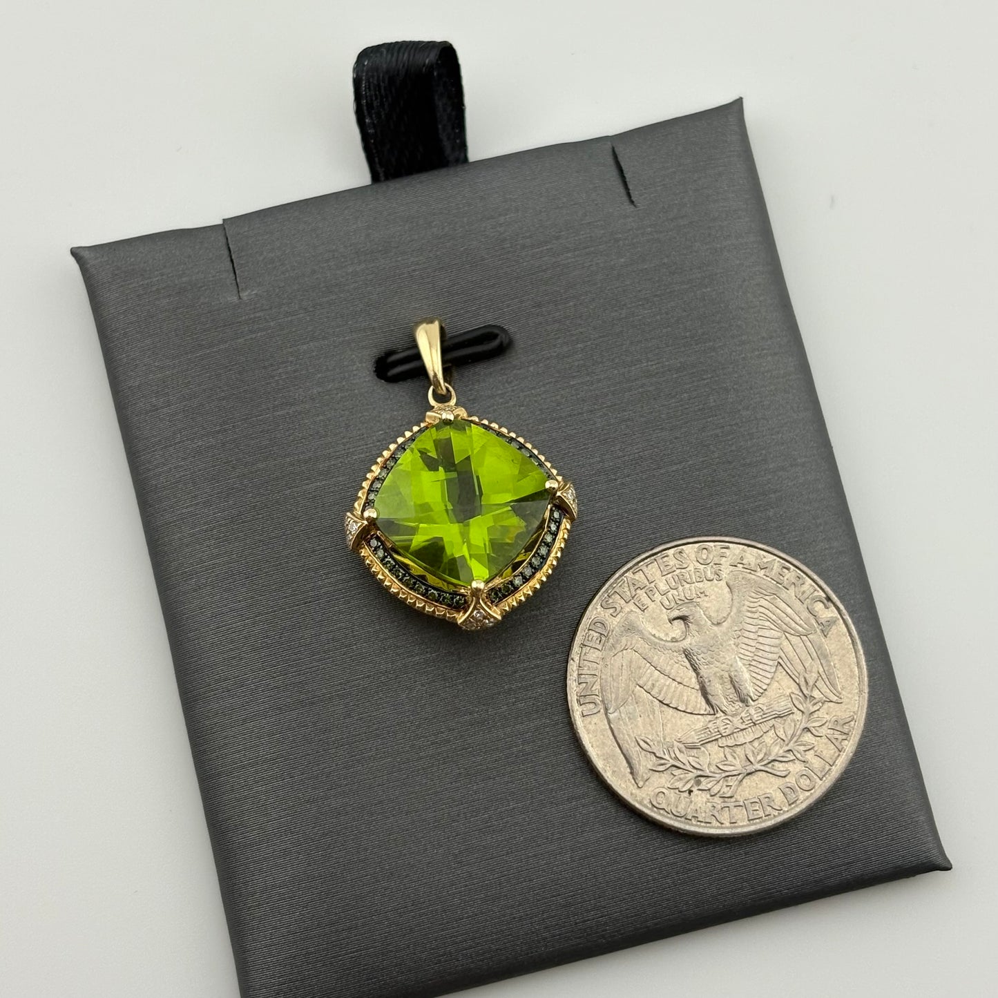 7.82CT Peridot Pendant with diamonds and sapphires, 14k
