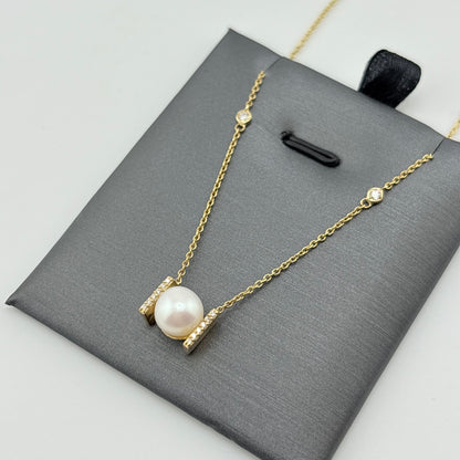 18K Yellow Gold Pearl & Diamond Station Necklace