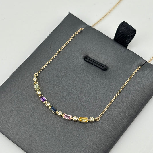 Multicolor Sapphire & Diamond Curved Bar Necklace, 14K Yellow Gold