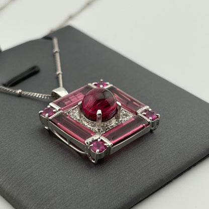 7.77CTW Pink Cat’s-Eye Tourmaline & Diamond Pendant Necklace, 18K White Gold