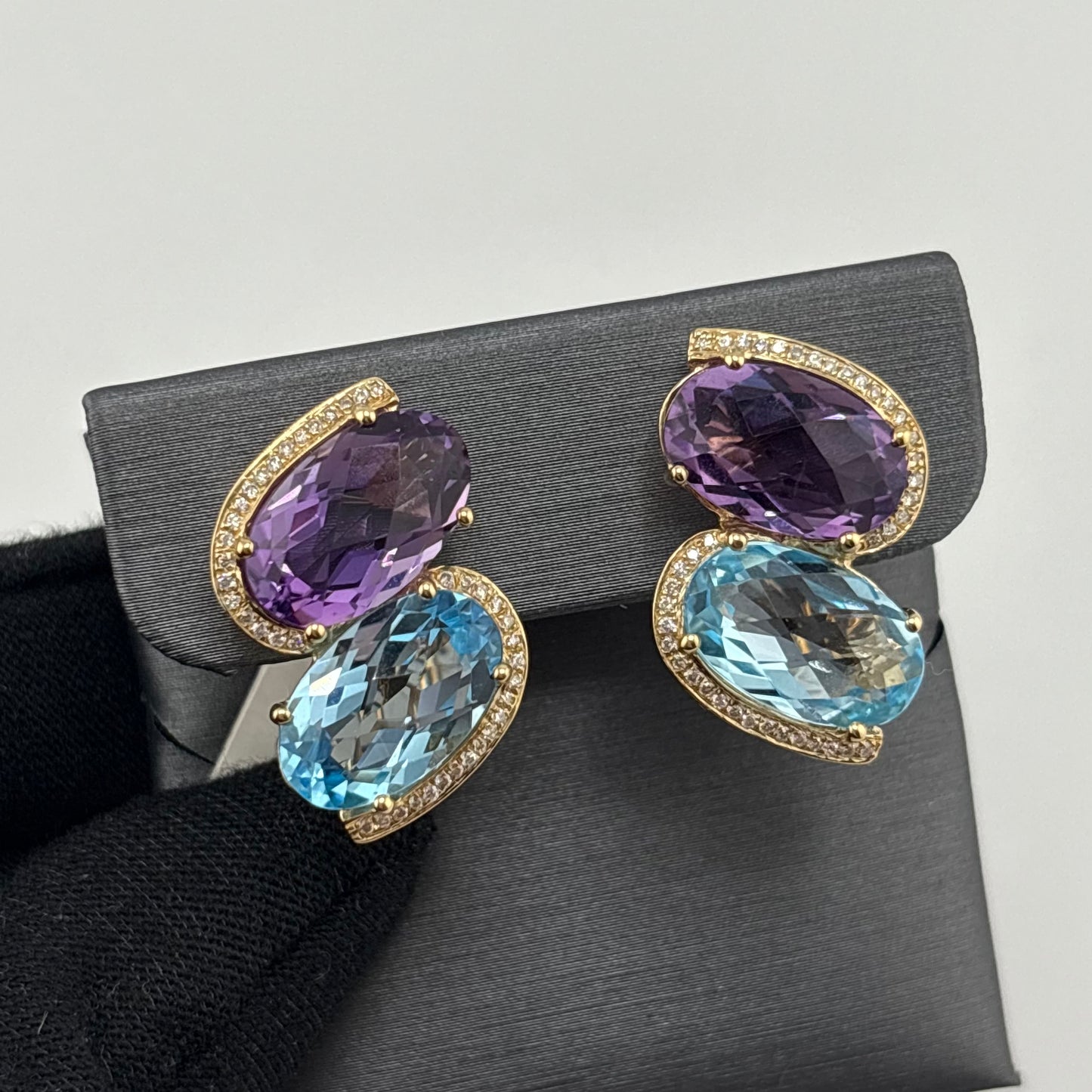 16.50CTW Amethyst & Blue Topaz Earrings, 14K Yellow Gold