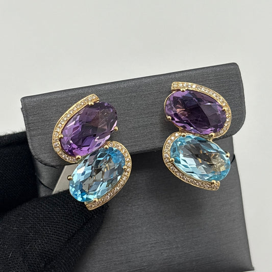 16.50CTW Amethyst & Blue Topaz Earrings, 14K Yellow Gold