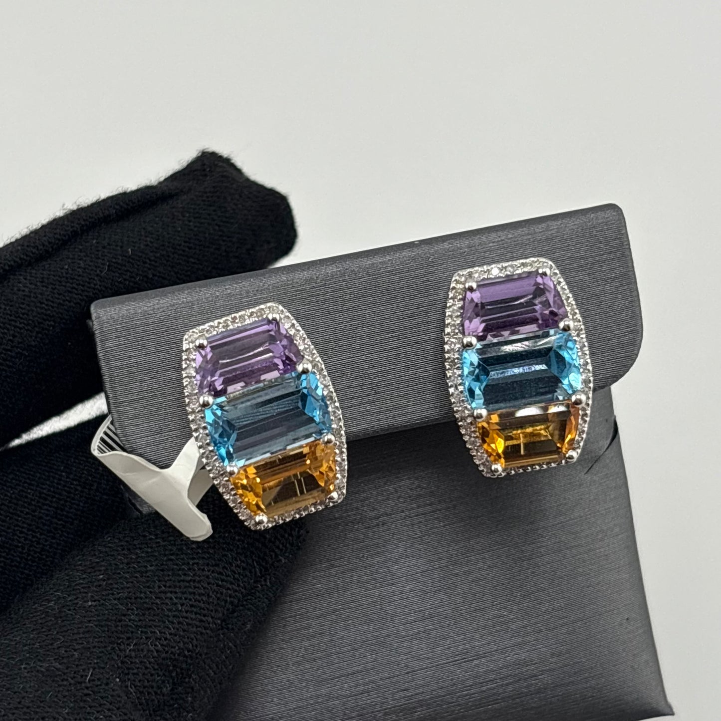 9CTW Multi-Gemstone & Diamond Earrings, 14K White Gold