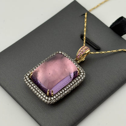 24.35CTW Cabochon Amethyst & Diamond Triple-Halo Pendant Necklace