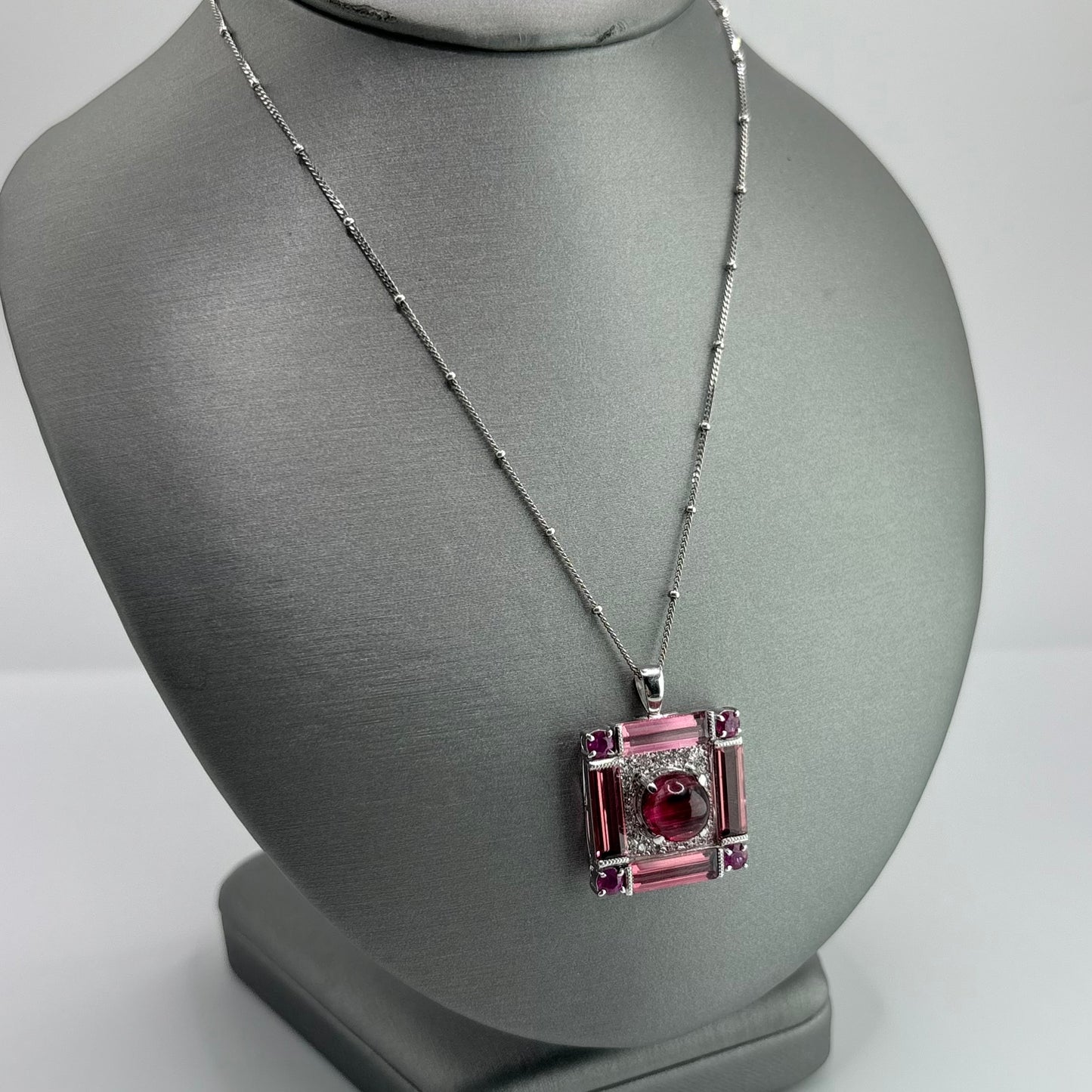 7.77CTW Pink Cat’s-Eye Tourmaline & Diamond Pendant Necklace, 18K White Gold
