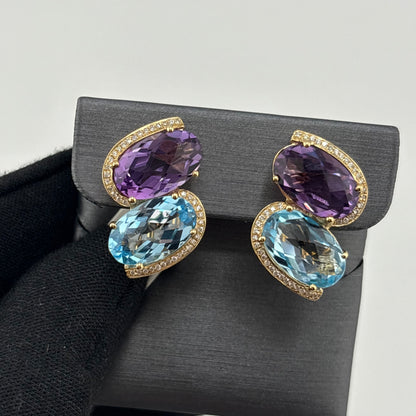 16.50CTW Amethyst & Blue Topaz Earrings, 14K Yellow Gold