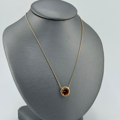 14K Yellow Gold Citrine & Diamond Halo Necklace