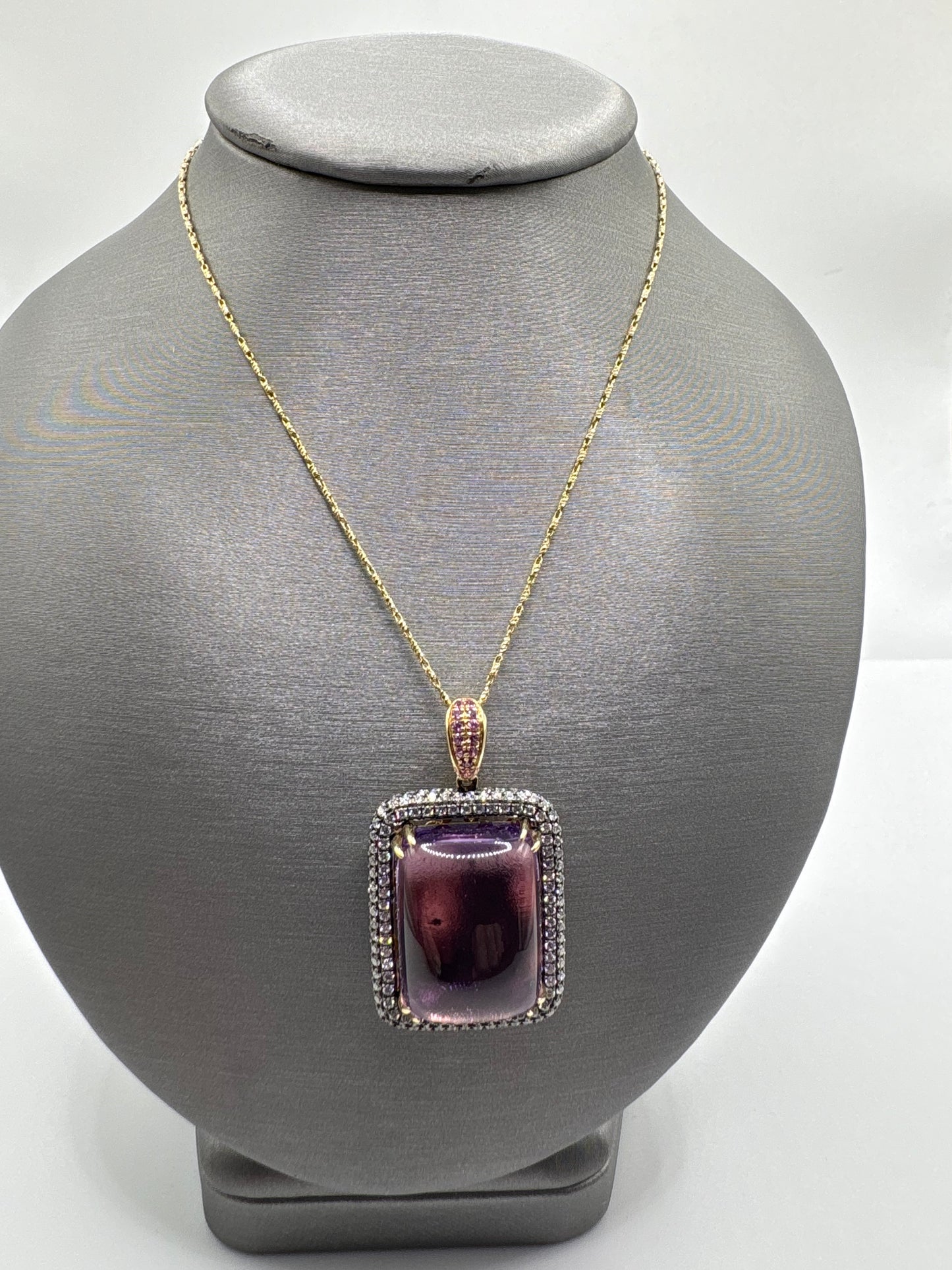 24.35CTW Cabochon Amethyst & Diamond Triple-Halo Pendant Necklace
