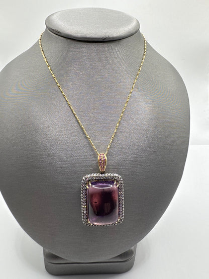 24.35CTW Cabochon Amethyst & Diamond Triple-Halo Pendant Necklace