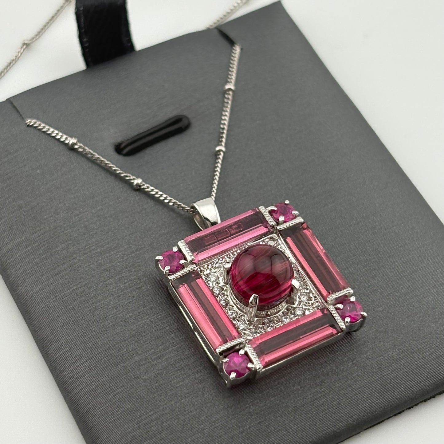 7.77CTW Pink Cat’s-Eye Tourmaline & Diamond Pendant Necklace, 18K White Gold