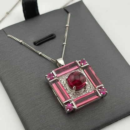 7.77CTW Pink Cat’s-Eye Tourmaline & Diamond Pendant Necklace, 18K White Gold