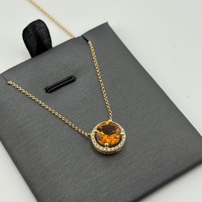 14K Yellow Gold Citrine & Diamond Halo Necklace