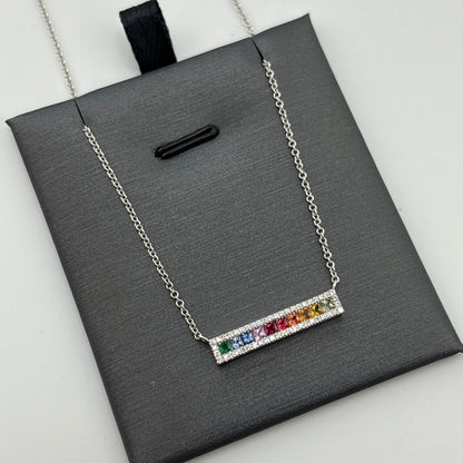 18K White Gold Multi-Sapphire & Diamond Bar Necklace