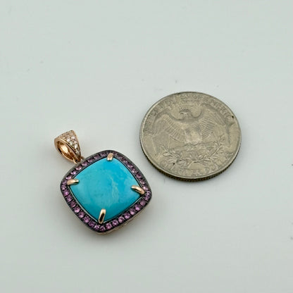 6.88CTW Turquoise Pendant with pink sapphires and diamonds, 14k