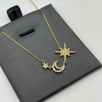 18K Yellow Gold Diamond Celestial Moon & Star Necklace