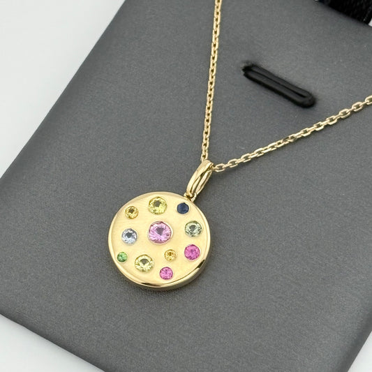 Multicolor Sapphire Disc Necklace, 14K Yellow Gold