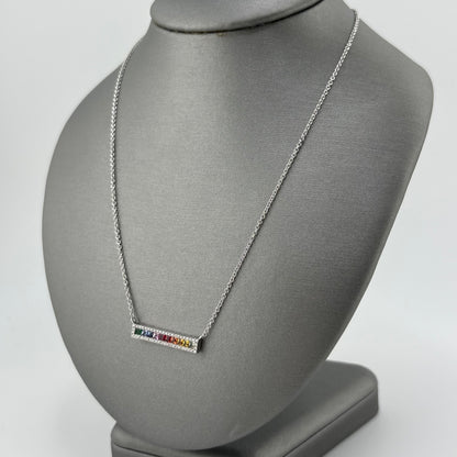 18K White Gold Multi-Sapphire & Diamond Bar Necklace