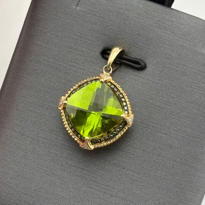 7.82CT Peridot Pendant with diamonds and sapphires, 14k