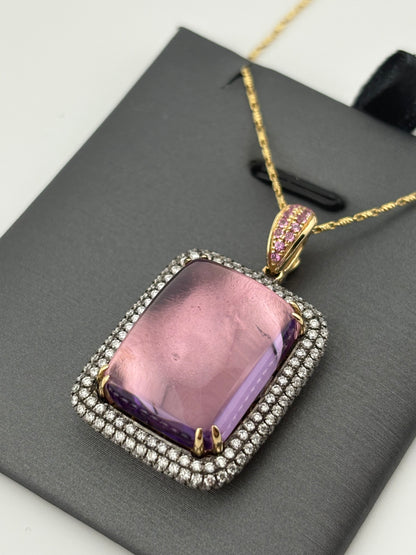 24.35CTW Cabochon Amethyst & Diamond Triple-Halo Pendant Necklace