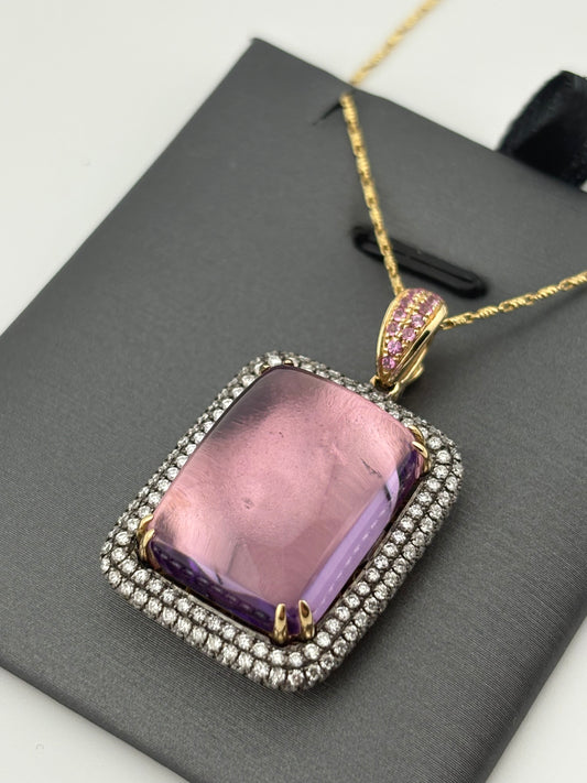 24.35CTW Cabochon Amethyst & Diamond Triple-Halo Pendant Necklace
