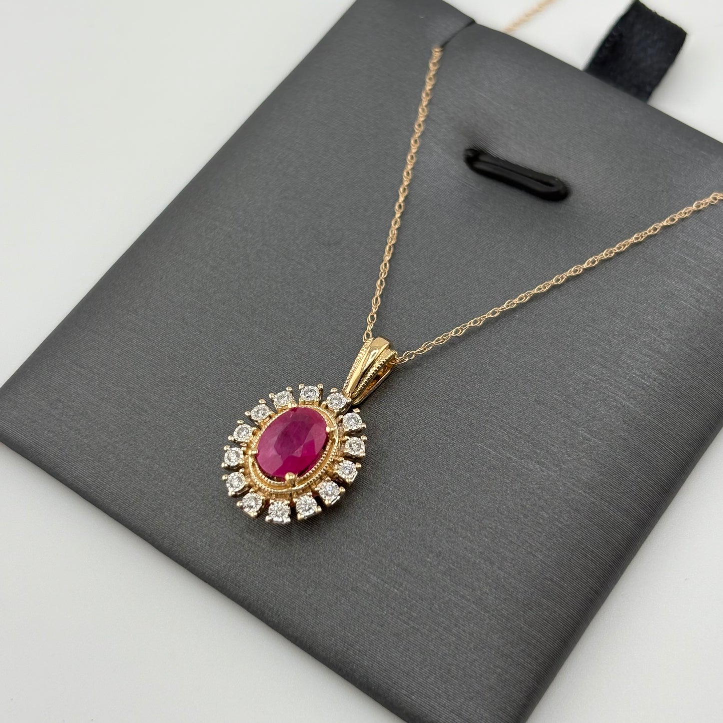 14K Yellow Gold Ruby & Diamond Halo Necklace