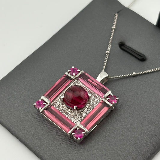 7.77CTW Pink Cat’s-Eye Tourmaline & Diamond Pendant Necklace, 18K White Gold