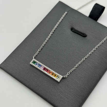 18K White Gold Multi-Sapphire & Diamond Bar Necklace