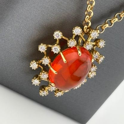 7CT Fire Opal and Diamond Sunburst Necklace, 18k Gold