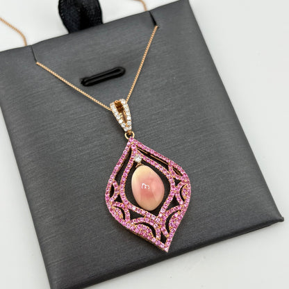 3.00CT Conch Pearl (Rare!), Pink Sapphire & Diamond Necklace, 18K Rose Gold